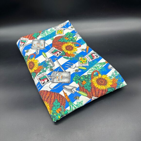 Vintage Floral Tablecloth Gardening Sunflower Blue White Stripes Joe Boxer 90s - Picture 1 of 6